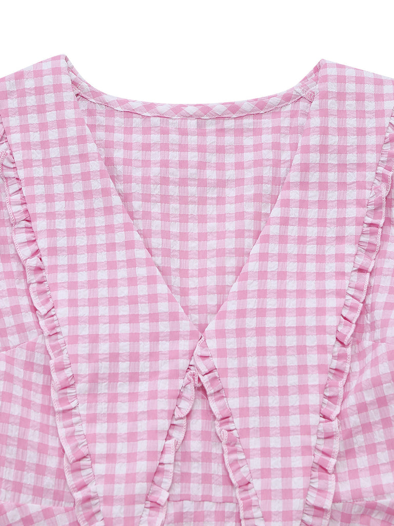 Pink 1950s Vintage Plaid V Neck Dress 3