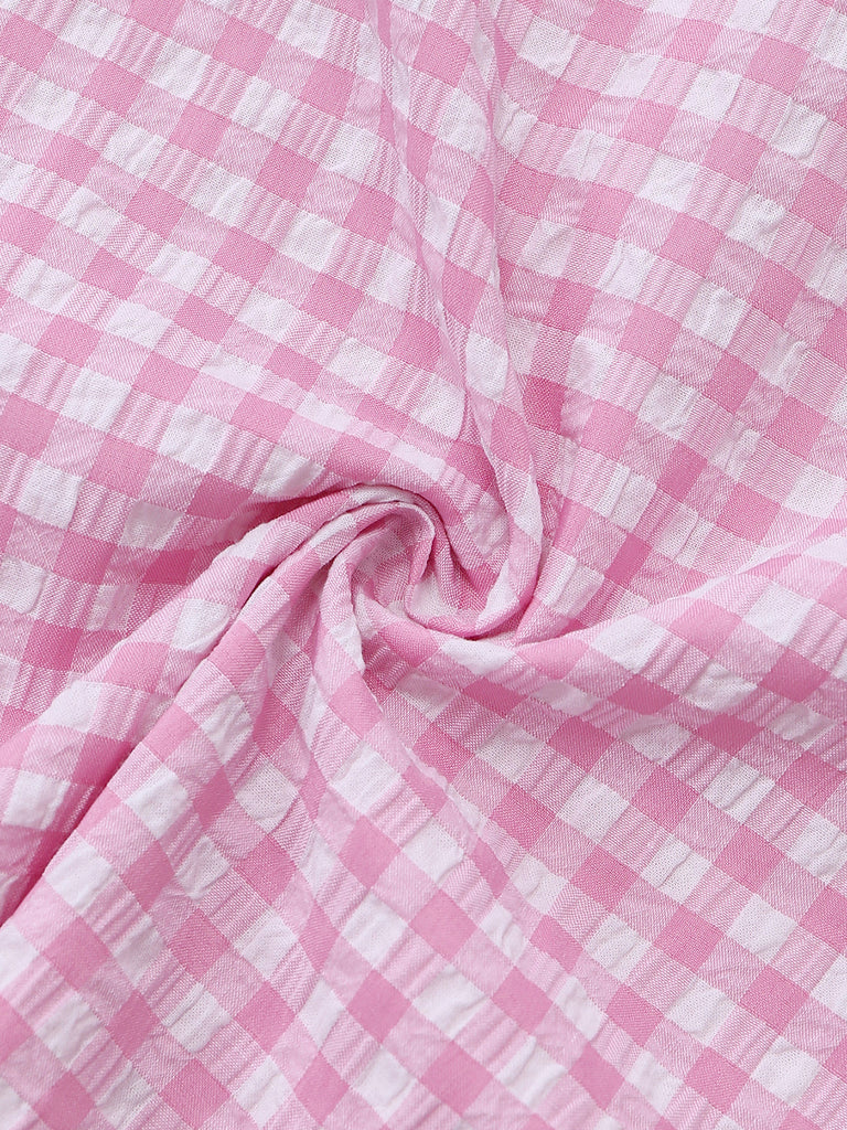 Pink 1950s Vintage Plaid V Neck Dress 5