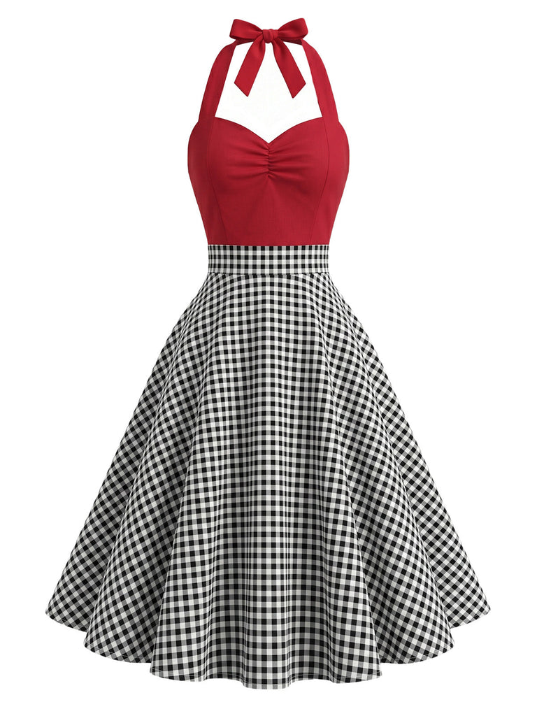 Red 1950s Vintage Plaid Halter Dress 2
