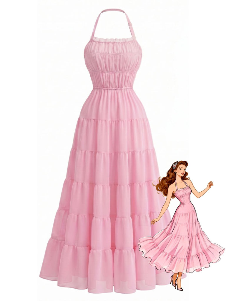 Abito Lungo a Strati Anni '70 in Chiffon Arricciato con Schiena Scoperta