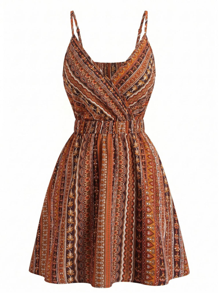 [Prevendita] Abito Mini Arancione Anni '70 Bohémien con Scollo a V a Righe