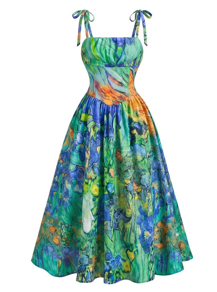 Abito con Spalline Sottili Stampa Pittura a Olio Floreale Verde Anni '50 2
