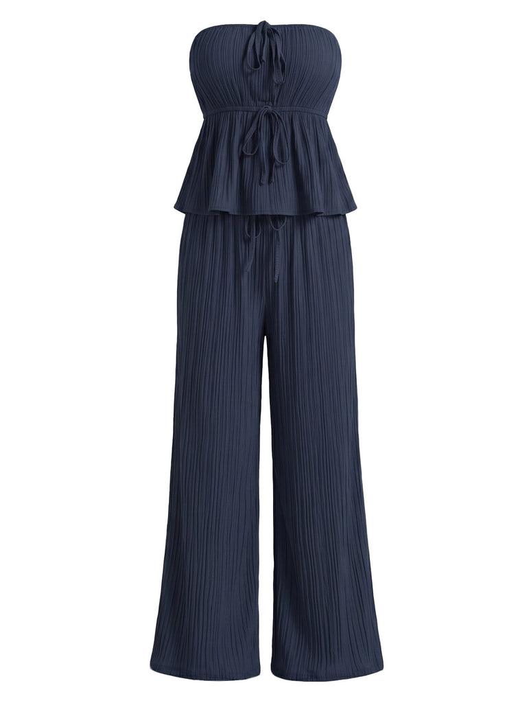 Navy Blue 1950s Vintage Ruffle Two Piece Set 1