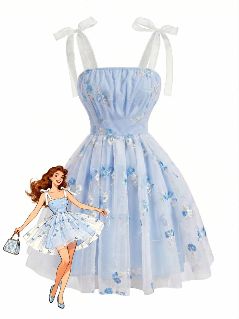 Abito Blu Anni '60 Floreale Ricamati in Tulle con Fiocco e Bretelle Sottili