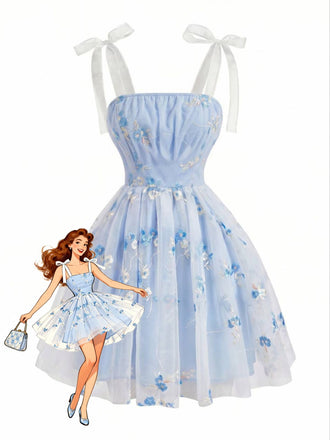 Abito Blu Anni '60 Floreale Ricamati in Tulle con Fiocco e Bretelle Sottili