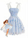 Abito Blu Anni '60 Floreale Ricamati in Tulle con Fiocco e Bretelle Sottili