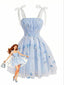 Abito Blu Anni '60 Floreale Ricamati in Tulle con Fiocco e Bretelle Sottili