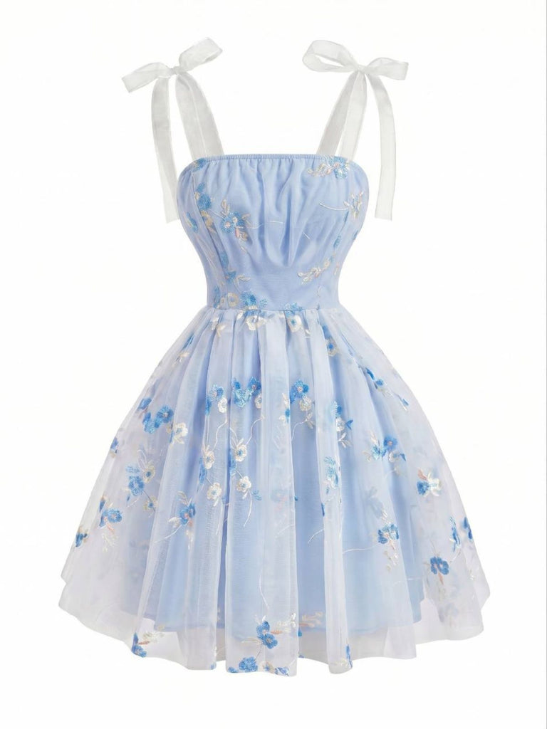 Abito Blu Anni '60 Floreale Ricamati in Tulle con Fiocco e Bretelle Sottili
