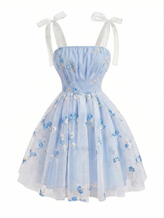 Abito Blu Anni '60 Floreale Ricamati in Tulle con Fiocco e Bretelle Sottili