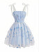 Abito Blu Anni '60 Floreale Ricamati in Tulle con Fiocco e Bretelle Sottili