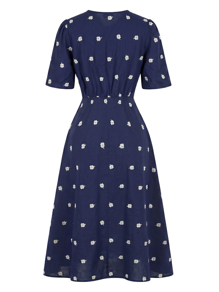 Blue 1950s Floral Embroidered Bow Dress 2