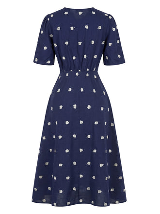 Blue 1950s Floral Embroidered Bow Dress 2