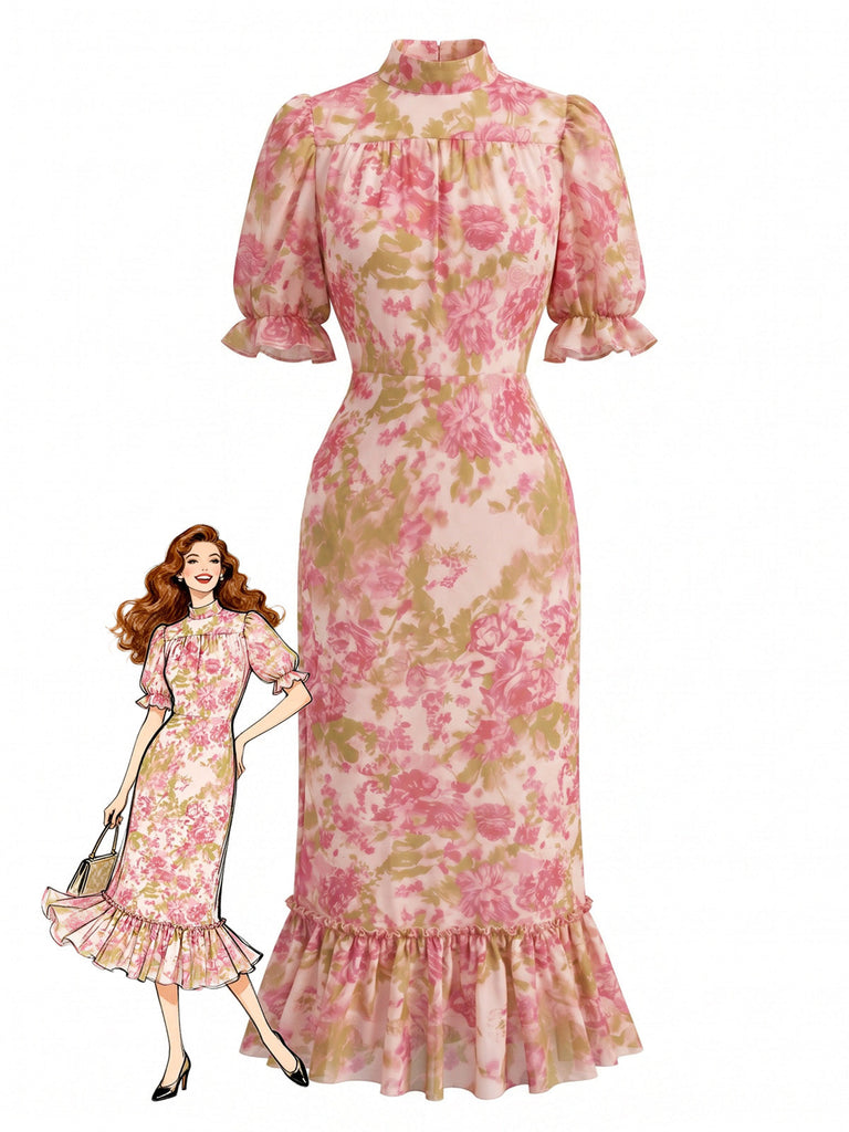 Red 1930s Vintage Floral Ruffle Dress 2