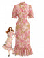 Abito a Sirena Rosso Anni '30 in Chiffon Floreale con Volant