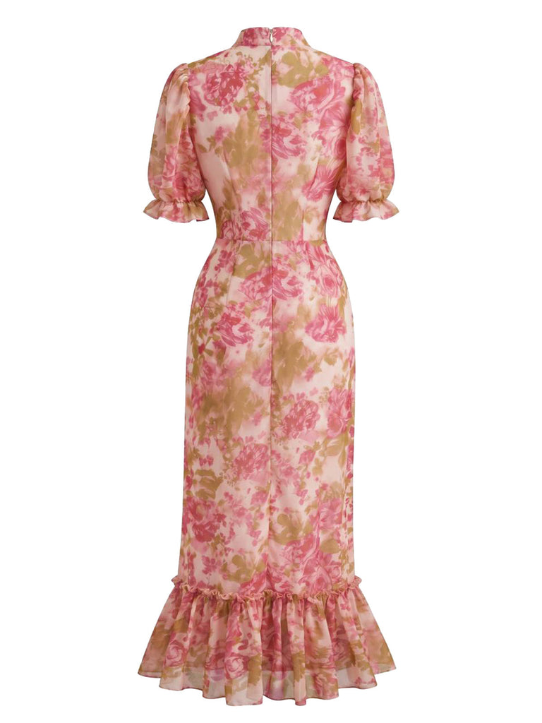 Red 1930s Vintage Floral Ruffle Dress 4