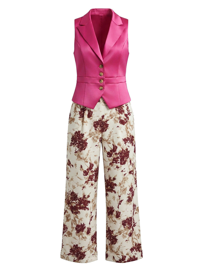 Purplish Red 1950s Vintage Floral V Neck Two Piece Set 1