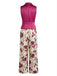 Purplish Red 1950s Vintage Floral V Neck Two Piece Set 2
