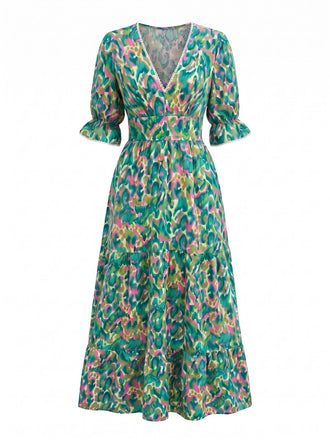 Abito Lungo Verde Anni '70 Floreale Astratto a Balze Arricciato con Scollo a V