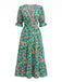 Abito Lungo Verde Anni '70 Floreale Astratto a Balze Arricciato con Scollo a V