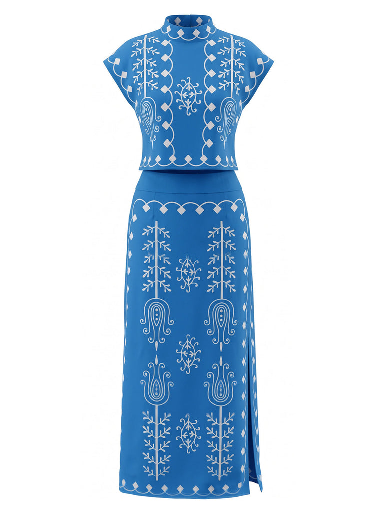 Set 2 Pezzi Blu Top con Maniche ad Aletta Boho e Gonna con Spacco Anni '70 2