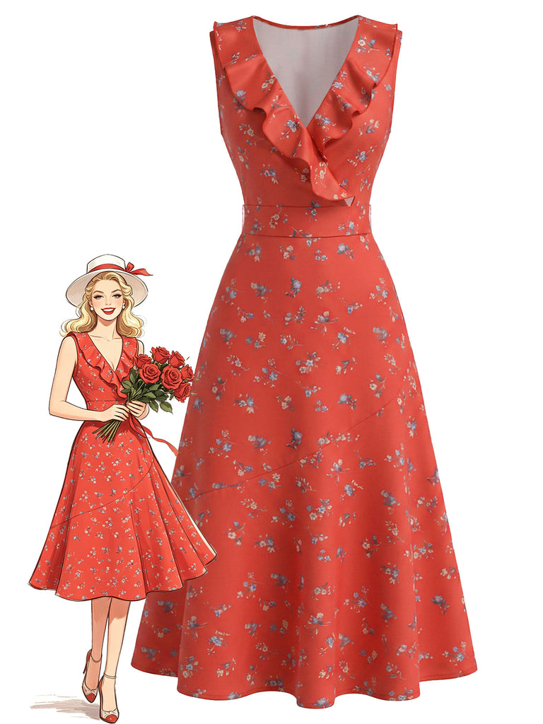 [Prevendita] Abito Senza Maniche Scollo a V con Volant a Piccoli Fiori Rosso Anni '40