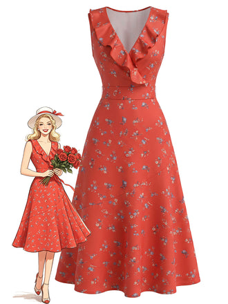 [Prevendita] Abito Senza Maniche Scollo a V con Volant a Piccoli Fiori Rosso Anni '40