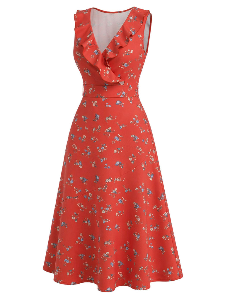 [Prevendita] Abito Senza Maniche Scollo a V con Volant a Piccoli Fiori Rosso Anni '40 4