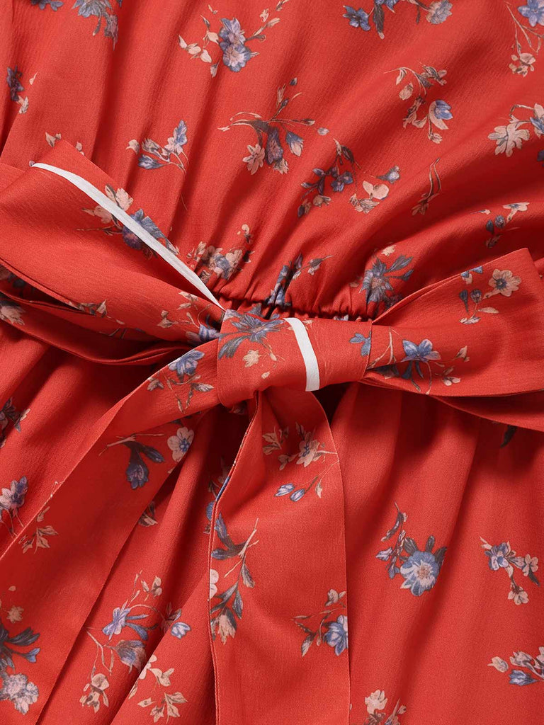 [Prevendita] Abito Senza Maniche Scollo a V con Volant a Piccoli Fiori Rosso Anni '40 7