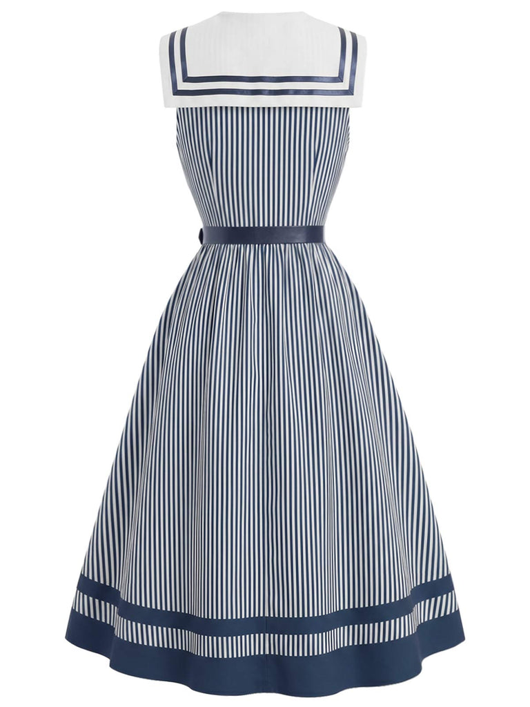 [Pre-Sale] Blue 1940s Striped V-Neck Dress 4