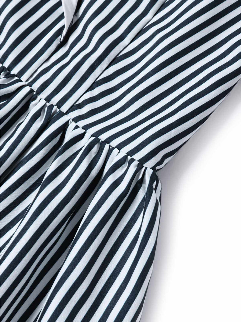 [Pre-Sale] Blue 1940s Striped V-Neck Dress 6