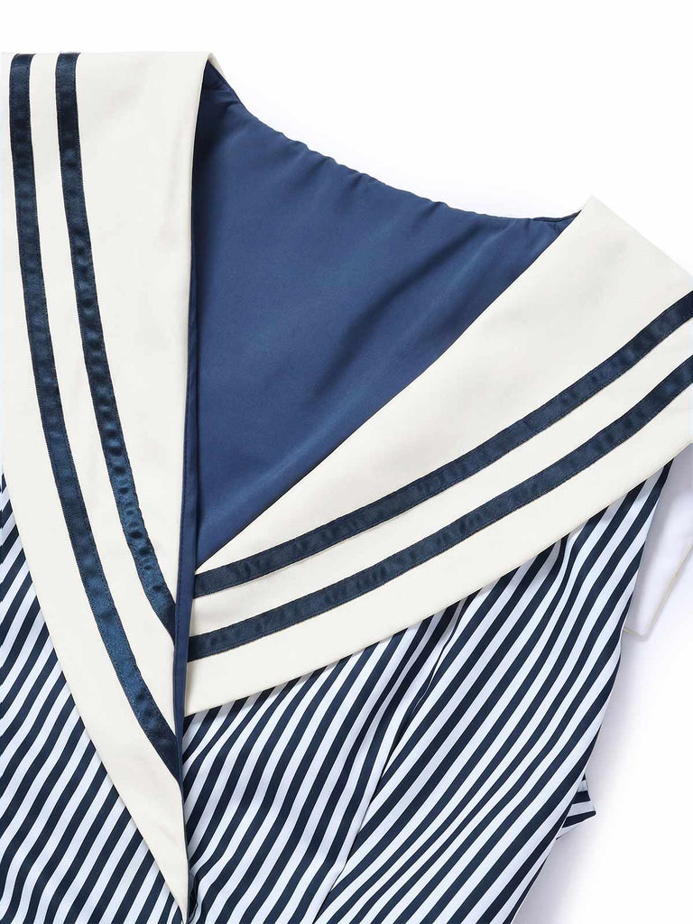 [Pre-Sale] Blue 1940s Striped V-Neck Dress 7