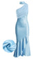 [Prevendita] Abito a Sirena Blu Anni '30 in Raso con Monospalla e Volant
