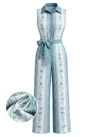 [Pre-Sale] Light Blue 1970s Vintage Floral Striped Jumpsuit 2