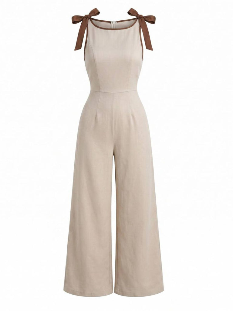 Tuta con Spalline Annodate e Bordo a Contrasto Beige Anni '50