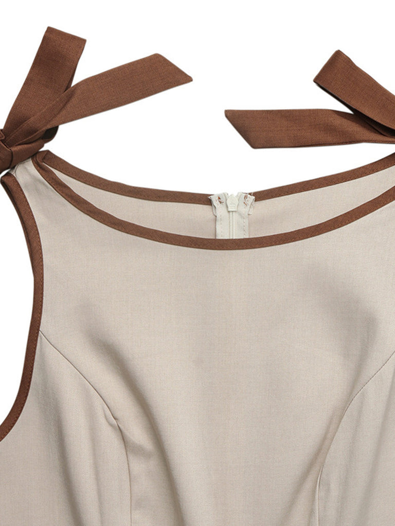 Tuta con Spalline Annodate e Bordo a Contrasto Beige Anni '50 5