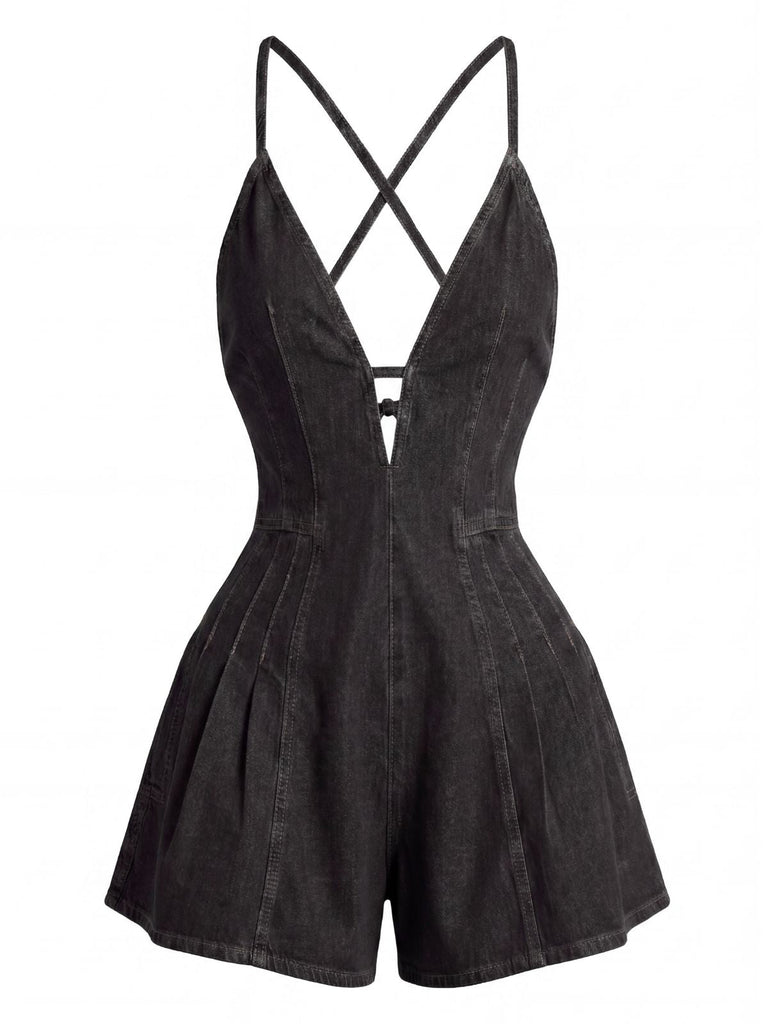 1950s Denim Tie Waist One Piece Romper