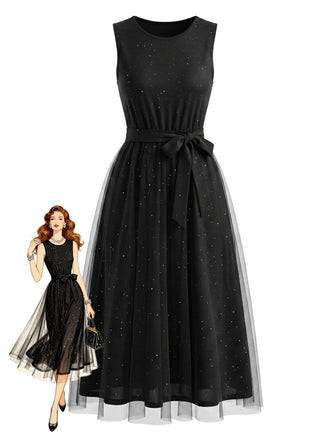 Abito Nero Anni '50 in Tulle Patchwork con Paillettes e Senza Maniche