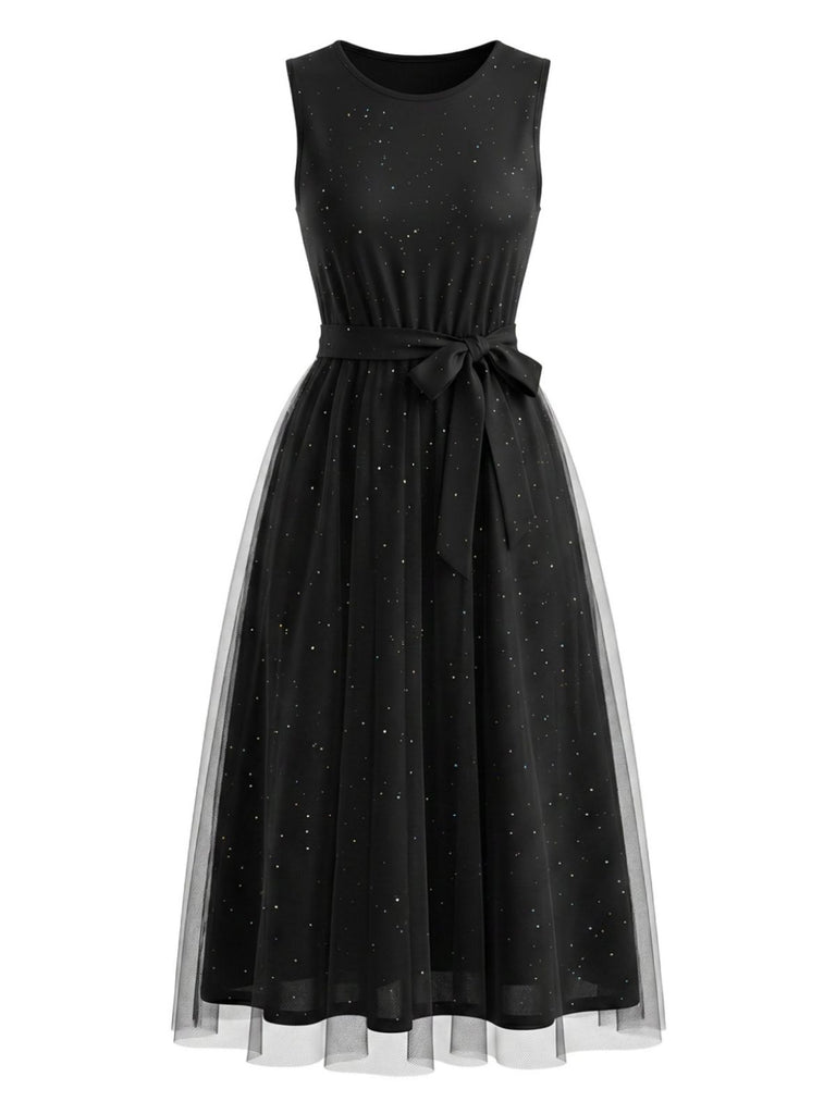Abito Nero Anni '50 in Tulle Patchwork con Paillettes e Senza Maniche