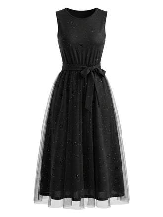 Abito Nero Anni '50 in Tulle Patchwork con Paillettes e Senza Maniche