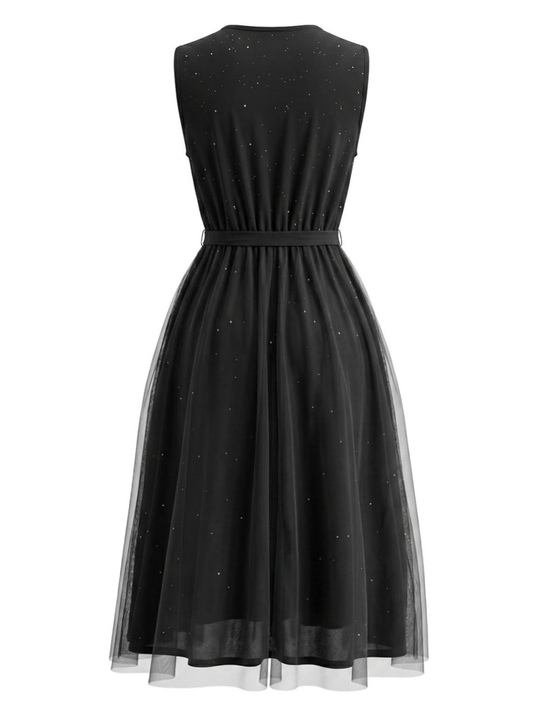 Abito Nero Anni '50 in Tulle Patchwork con Paillettes e Senza Maniche