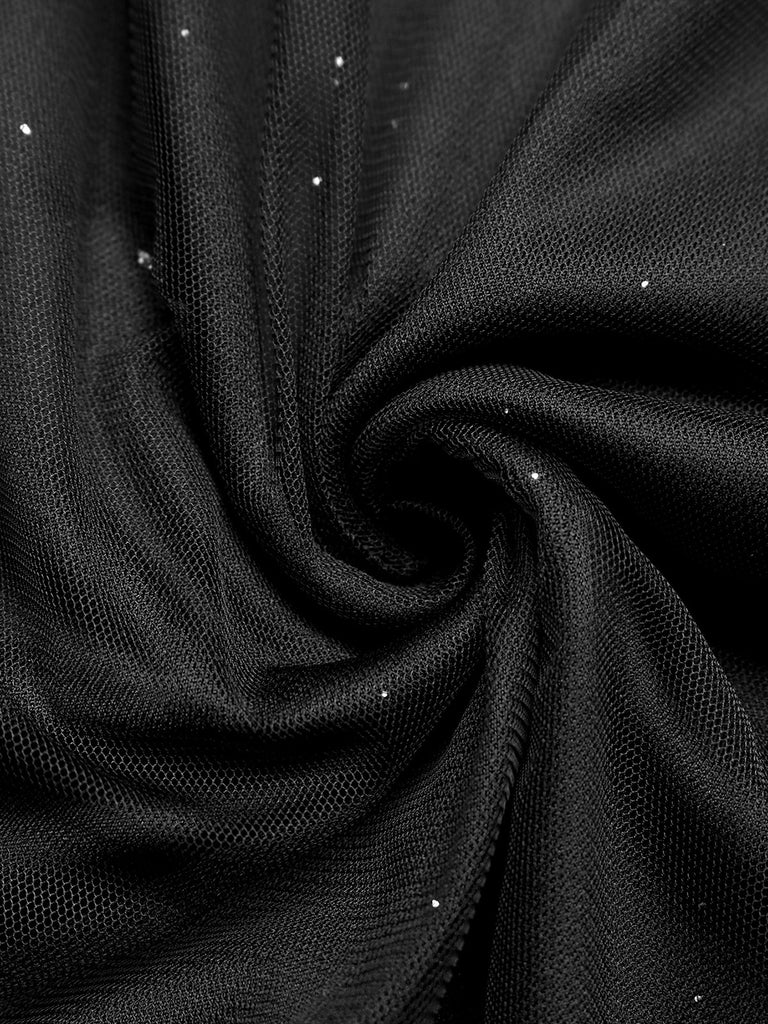 Abito Nero Anni '50 in Tulle Patchwork con Paillettes e Senza Maniche
