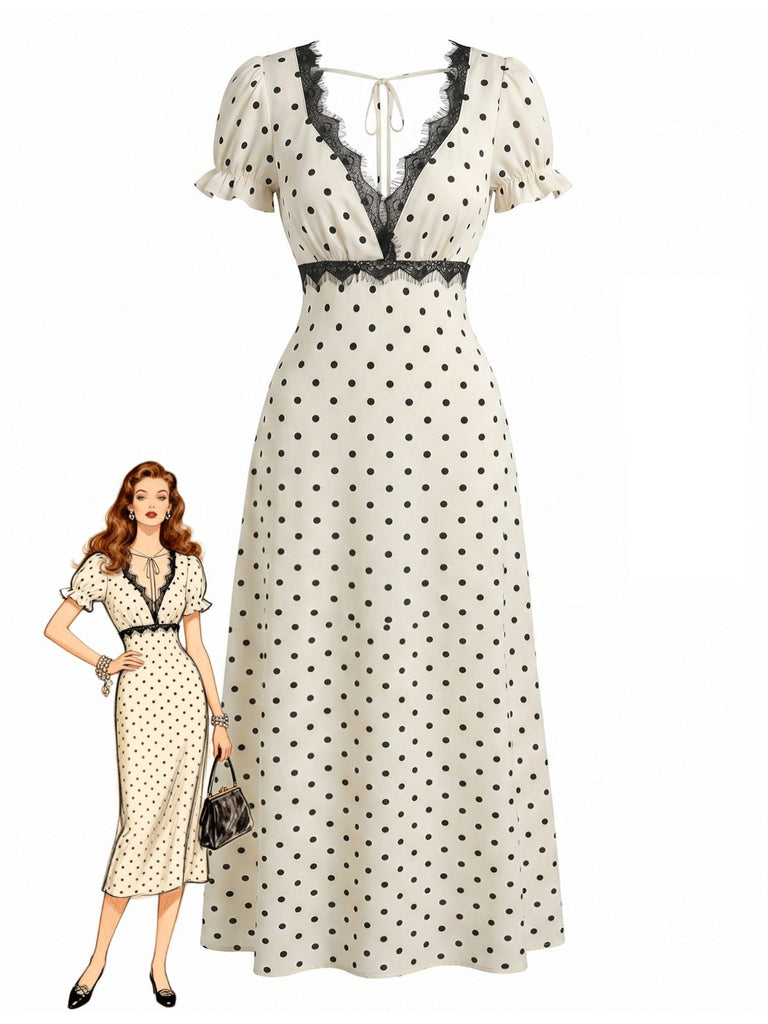 Abito Beige Anni '30 in Raso a Pois con Pizzo e Scollo a V