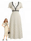 Abito Beige Anni '30 in Raso a Pois con Pizzo e Scollo a V