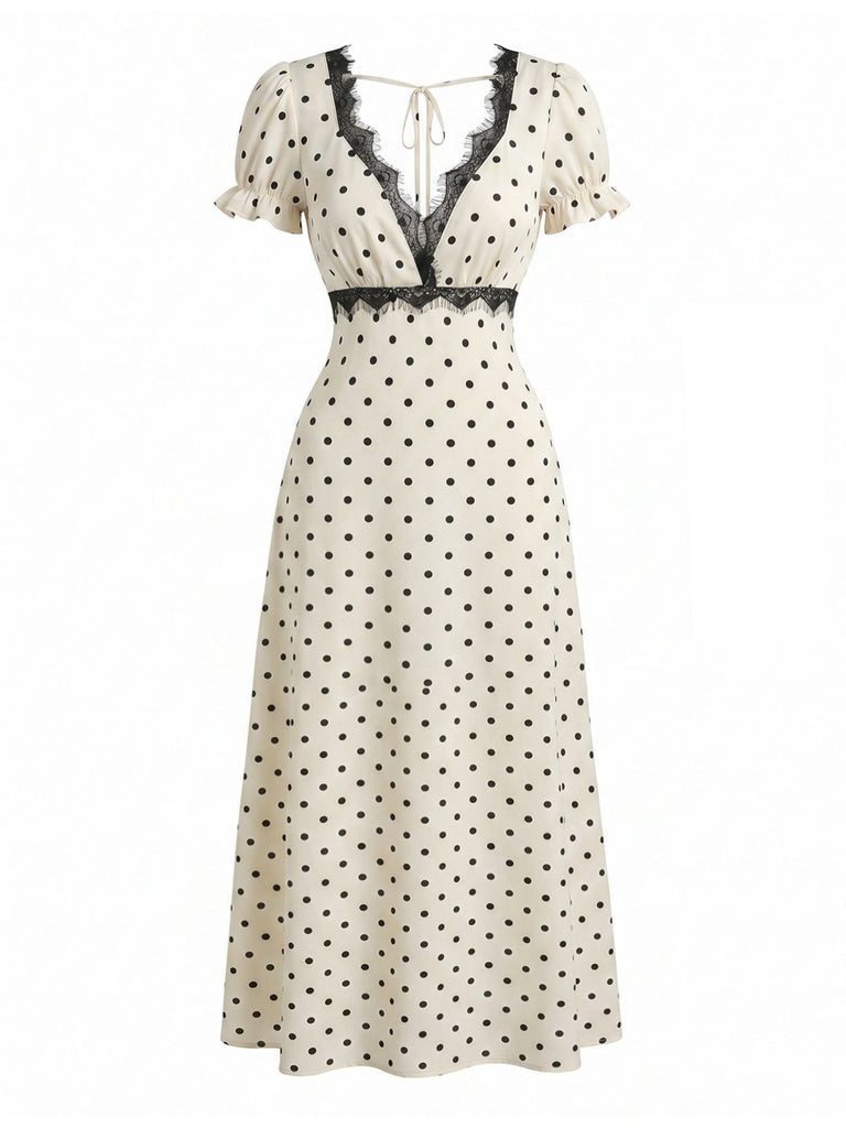 Abito Beige Anni '30 in Raso a Pois con Pizzo e Scollo a V