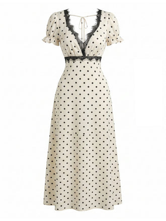 Abito Beige Anni '30 in Raso a Pois con Pizzo e Scollo a V