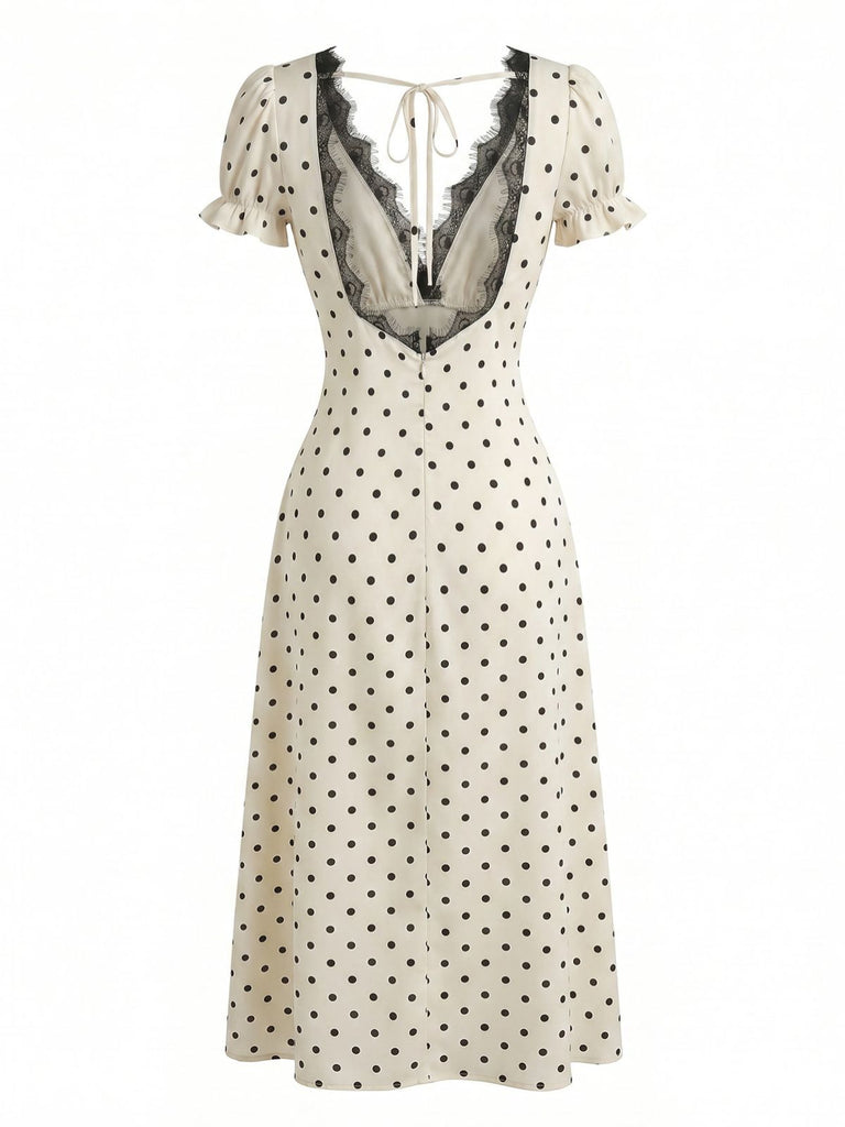 Abito Beige Anni '30 in Raso a Pois con Pizzo e Scollo a V