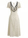 Abito Beige Anni '30 in Raso a Pois con Pizzo e Scollo a V
