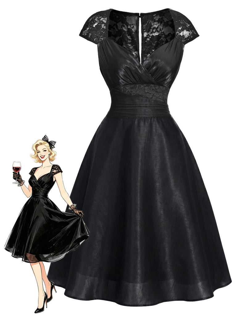 [Prevendita] Abito da Cocktail Maniche ad Aletta in Raso e Pizzo Nero Anni '50