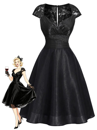 [Prevendita] Abito da Cocktail Maniche ad Aletta in Raso e Pizzo Nero Anni '50