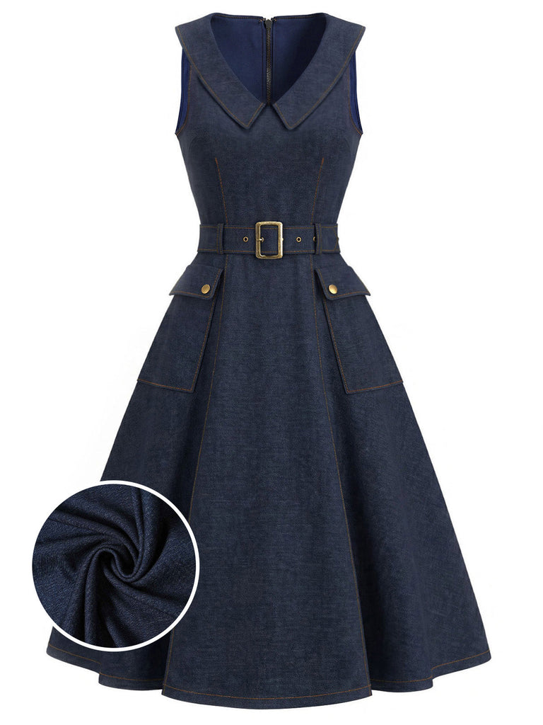 [Prevendita] Abito Blu Navy Anni '50 Revers Scollo a V Senza Maniche in Denim 2